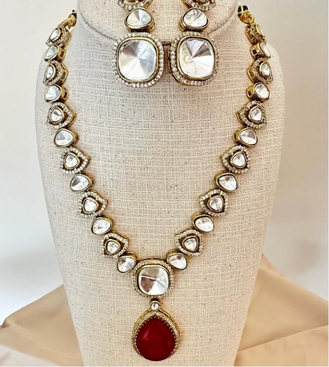 Ruby Red Polki Necklace with Earrings