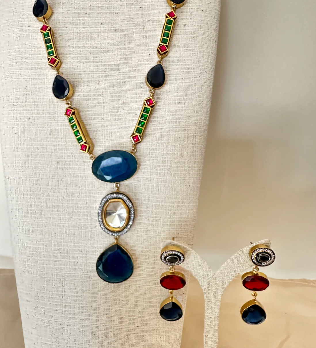 Blue Jadau Meena Beaded necklace with earrings
