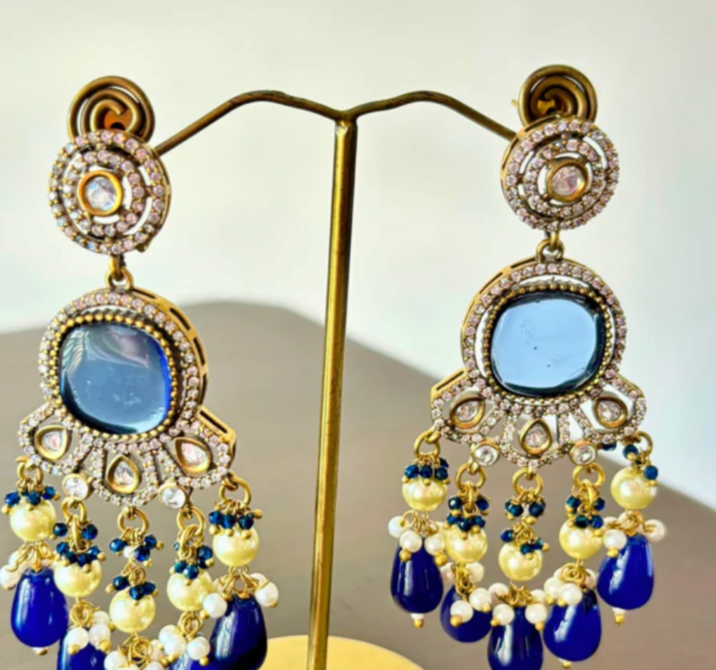 Blue Oxidized Polki Set with Earrrings