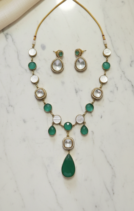 Green Polki Necklace set with Earrings