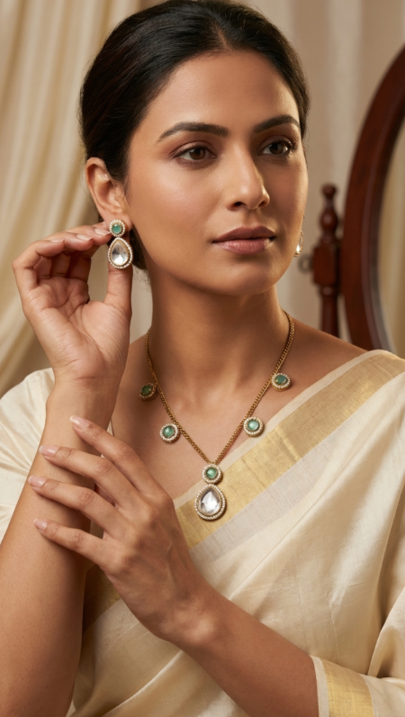 Green Polki Chain Set with earrings