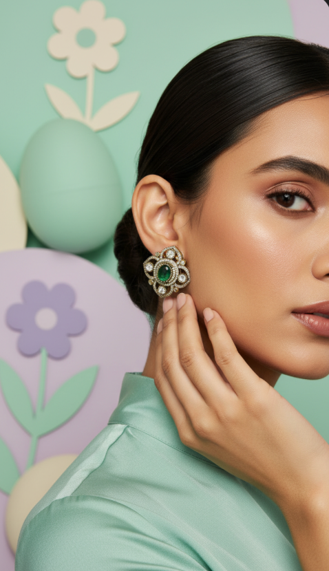 Emerald Polki Square Earrings
