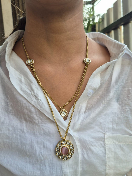 Pink Polki Pendant Set