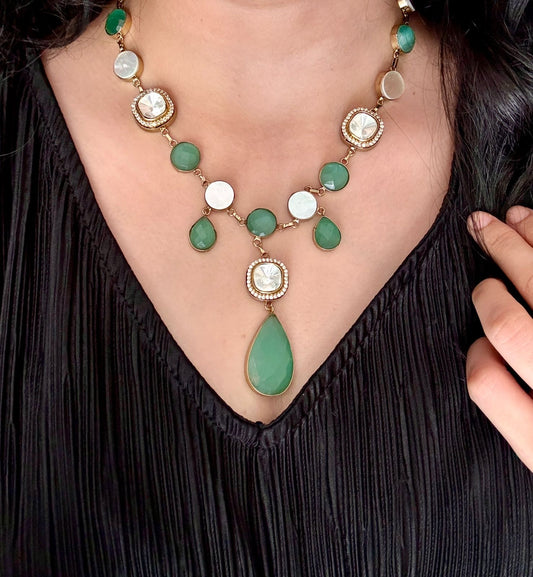 Green Polki Necklace set with Earrings