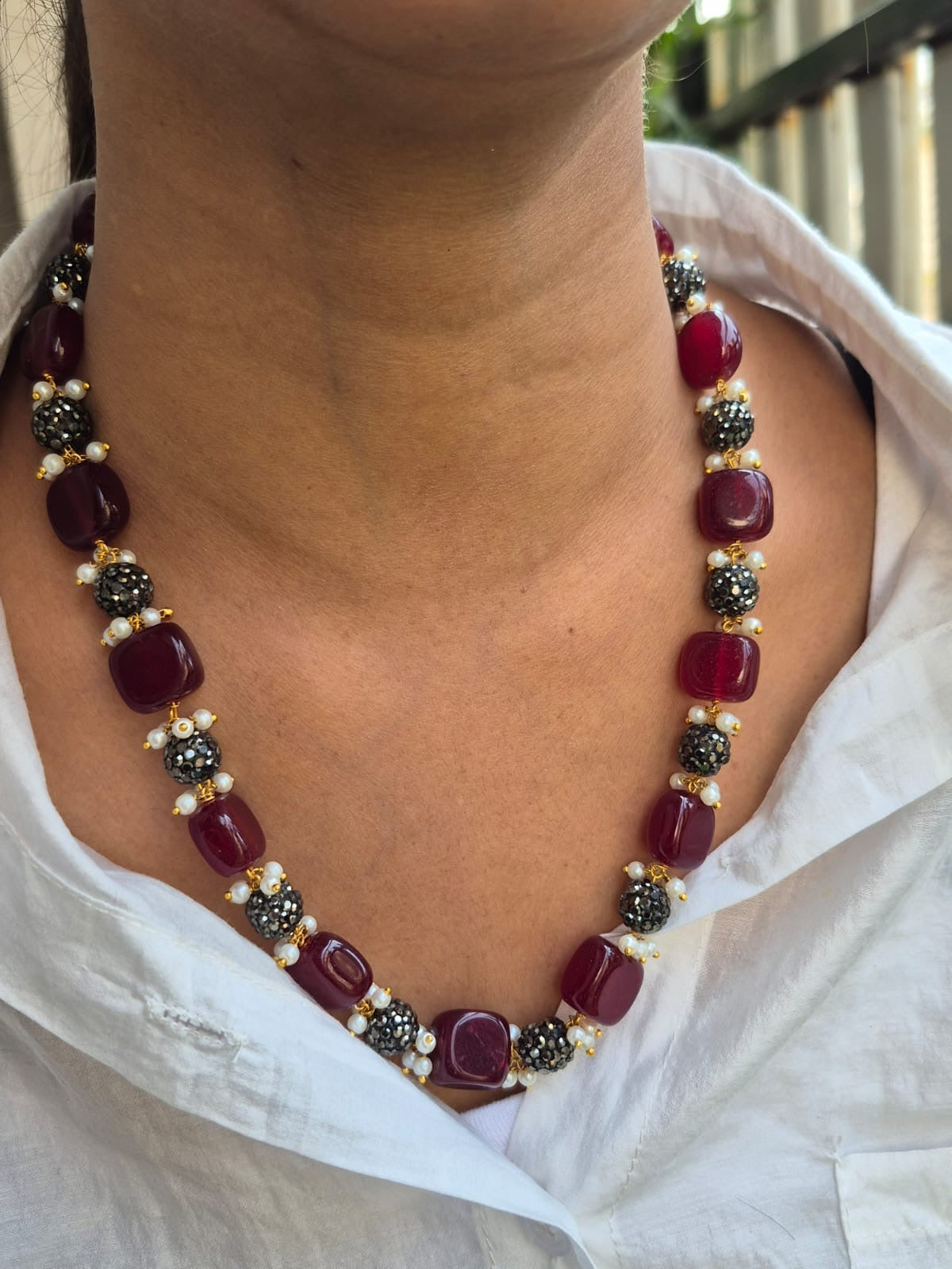 Maroon Oxidized Beads Necklace with Earrings
