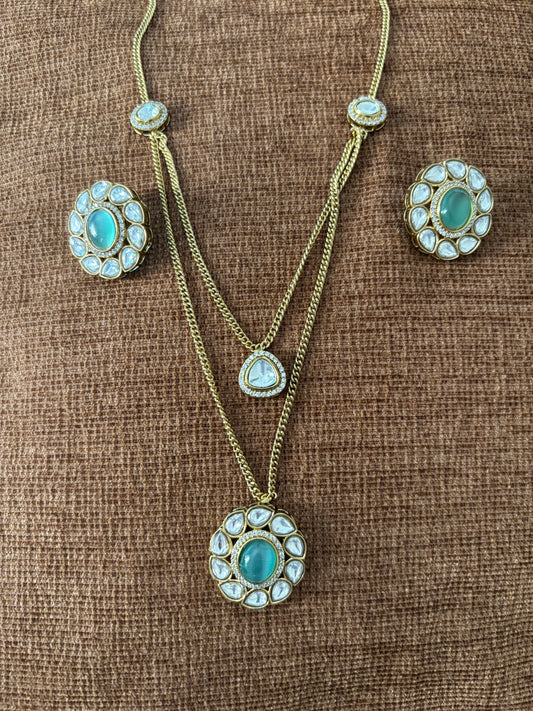 Green Polki Pendant Chain Layered Set