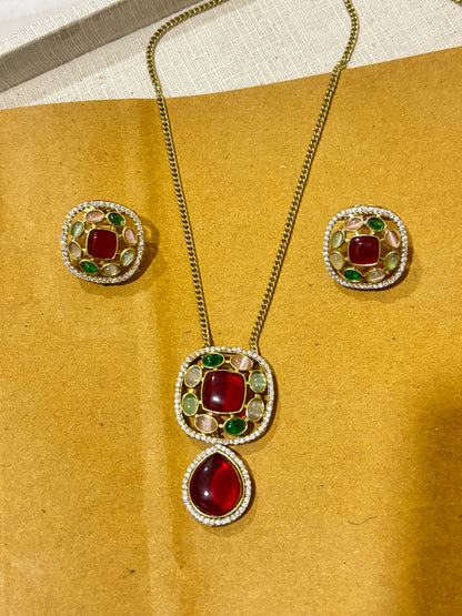 Red Multi Pendant set with earrings