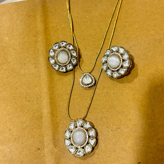 Polki Pendant Chain Layered Set with Earrings