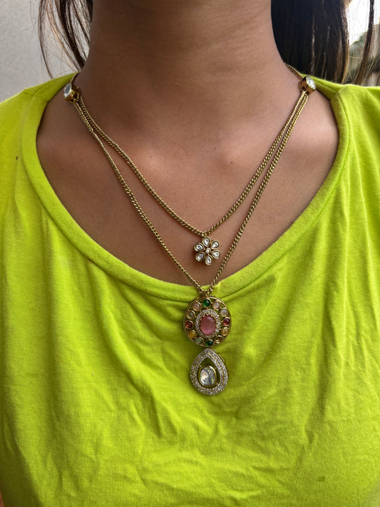 Traditional Pink Multi Kaarigari Pendant Set