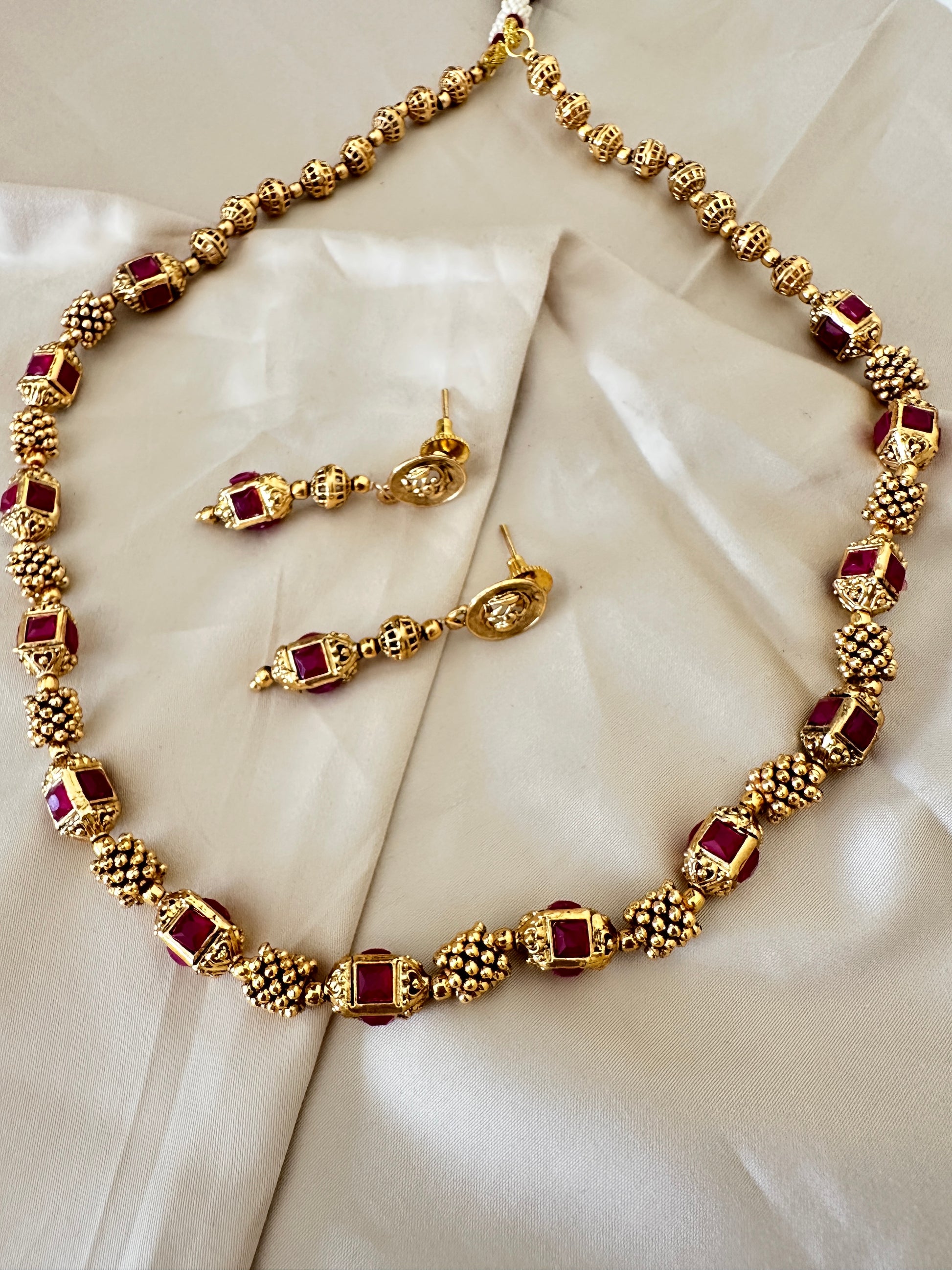 Golden Beaded Mala Necklace with Earrings