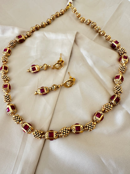 Golden Beaded Mala Necklace with Earrings
