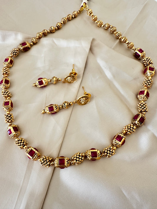 Golden Beaded Mala Necklace with Earrings