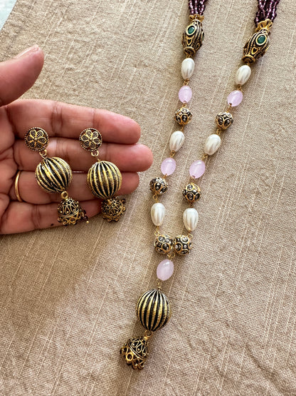 Pink Beaded Necklace set with earrings