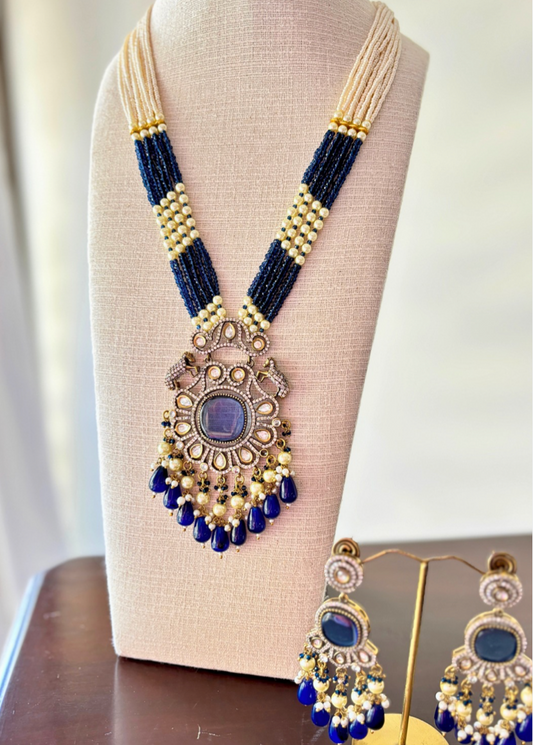 Blue Oxidized Polki Set with Earrrings