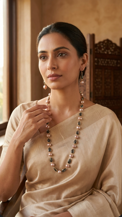 Pink Pearls Necklace Set with Earrings