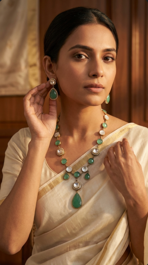 Green Polki Necklace set with Earrings