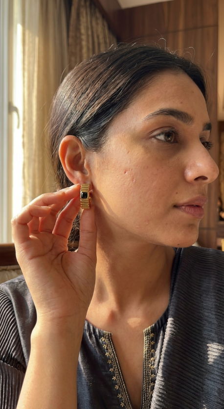 Half Bali Black Stone Earrings