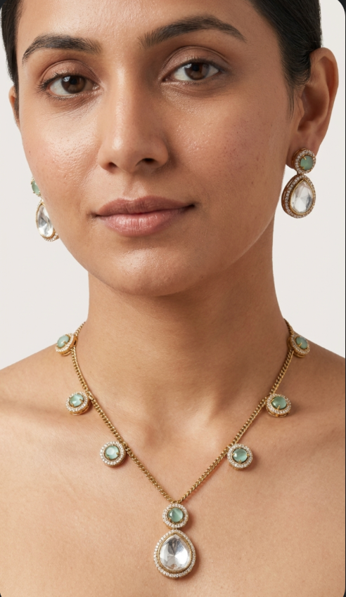 Green Polki Chain Set with earrings