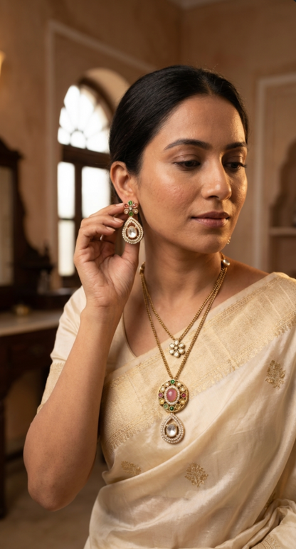 Traditional Pink Multi Kaarigari Pendant Set
