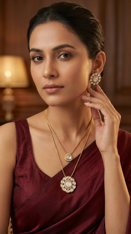 Polki Pendant Chain Layered Set with Earrings