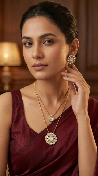 Polki Pendant Chain Layered Set with Earrings
