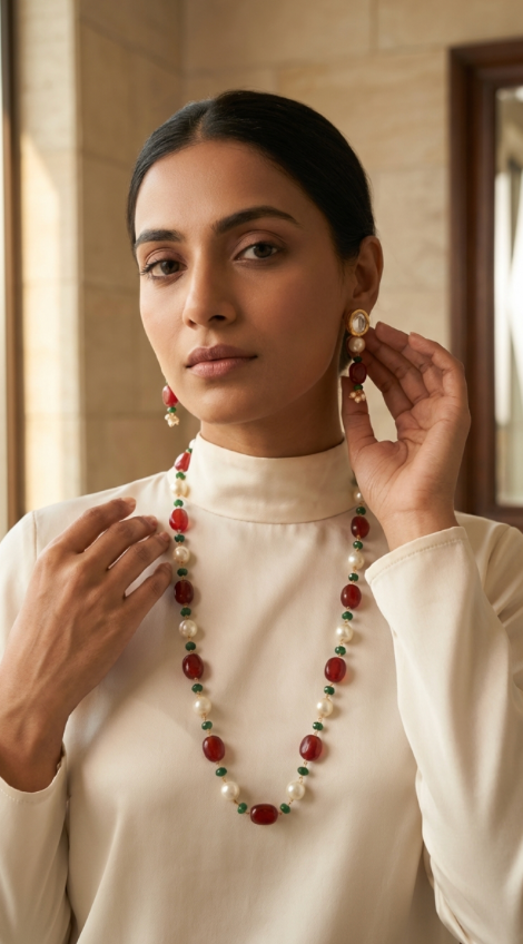 Ruby Pearl Mala set with Earrings