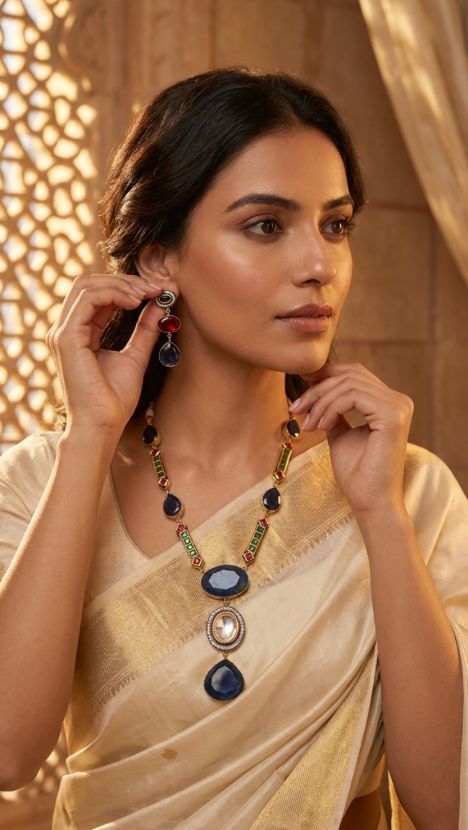 Blue Jadau Meena Beaded necklace with earrings