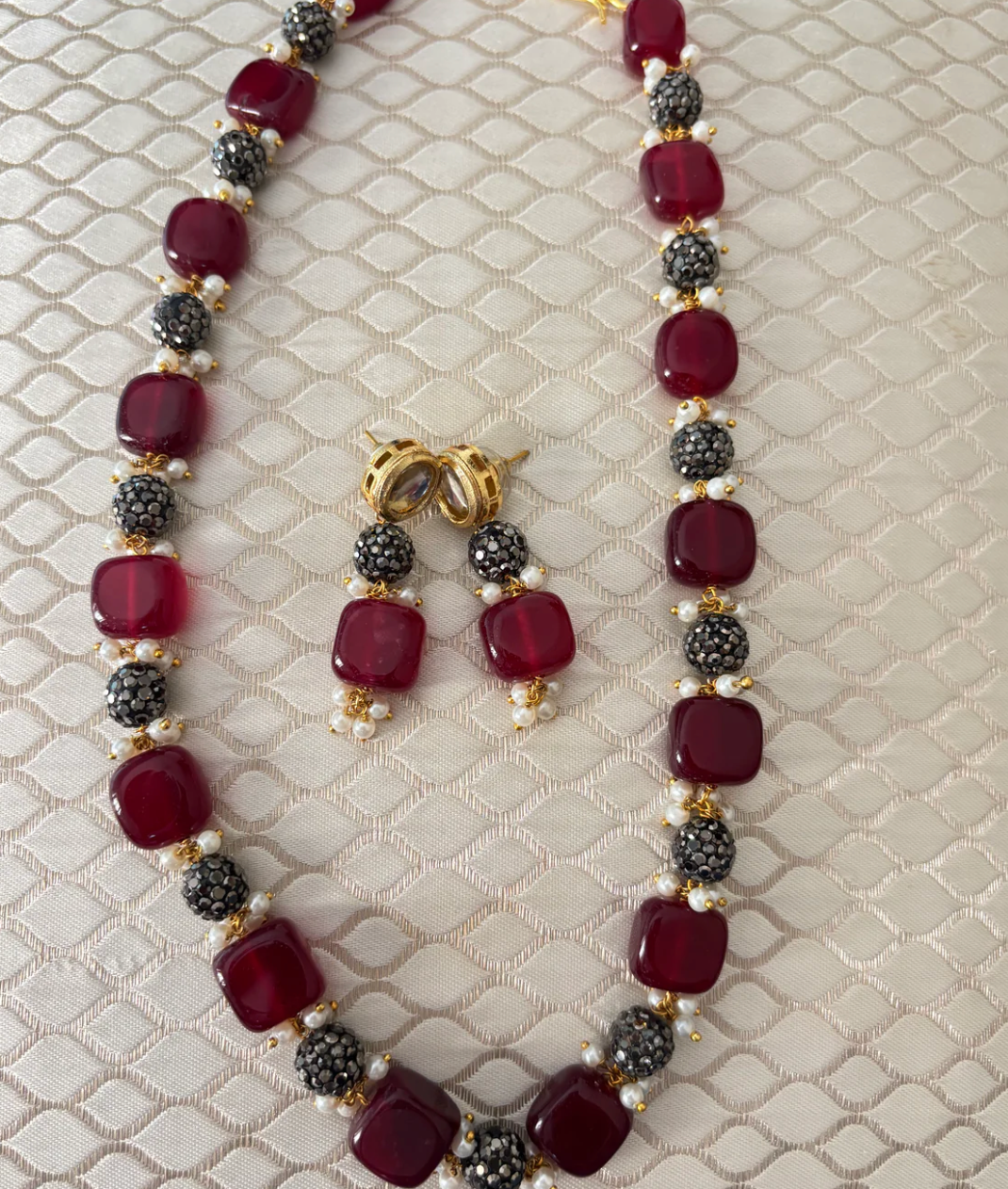 Maroon Oxidized Beads Necklace with Earrings
