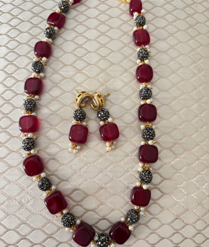 Maroon Oxidized Beads Necklace with Earrings