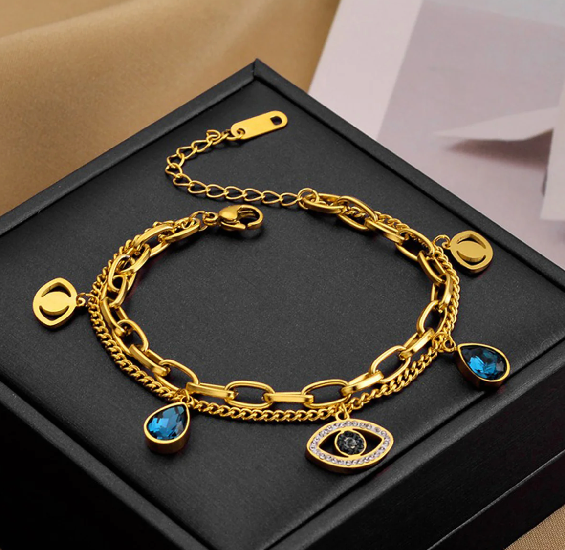 Evil Eye Gold Chain Charm Bracelet