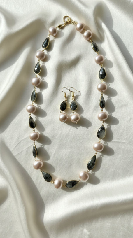 Pink Pearls Necklace Set with Earrings