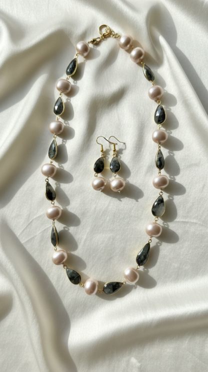 Pink Pearls Necklace Set with Earrings