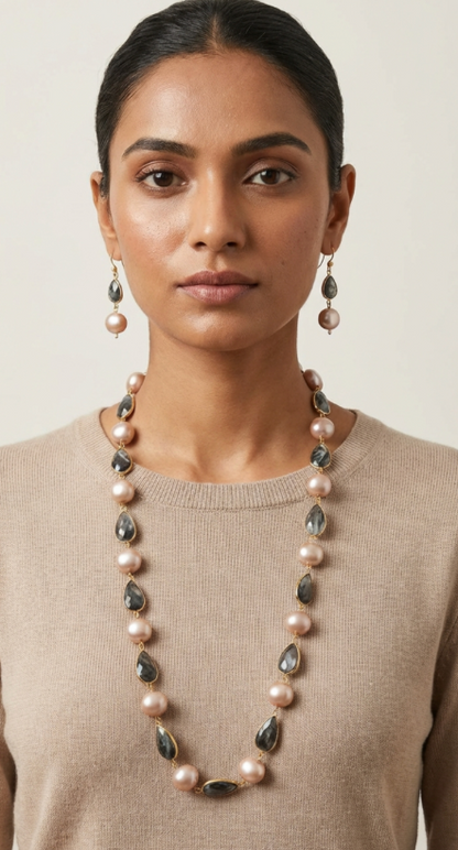Pink Pearls Necklace Set with Earrings