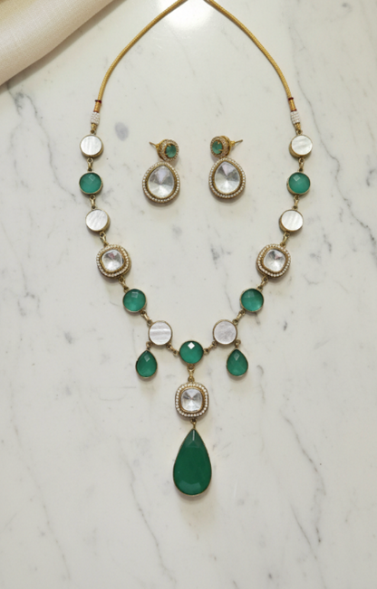 Green Polki Necklace set with Earrings