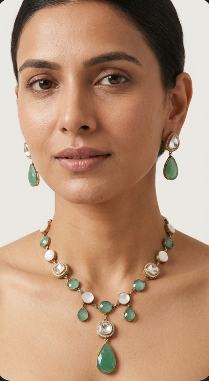 Green Polki Necklace set with Earrings