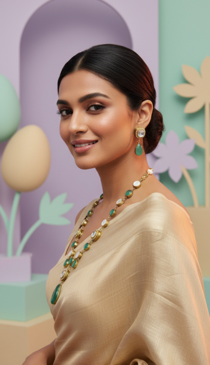 Green Polki Necklace set with Earrings