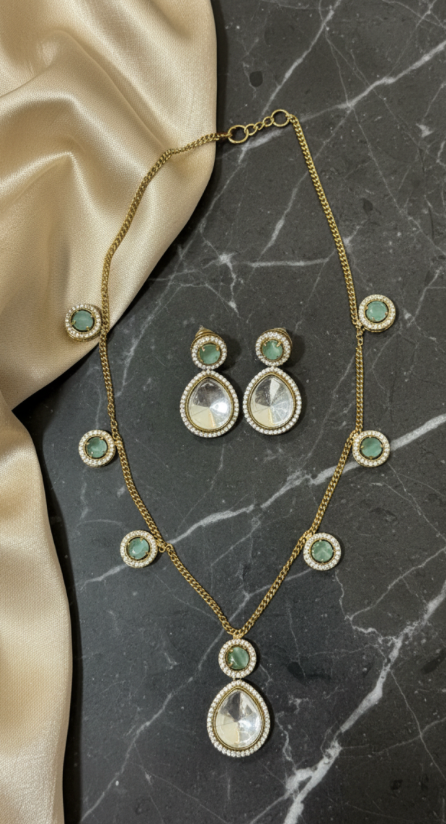 Green Polki Chain Set with earrings