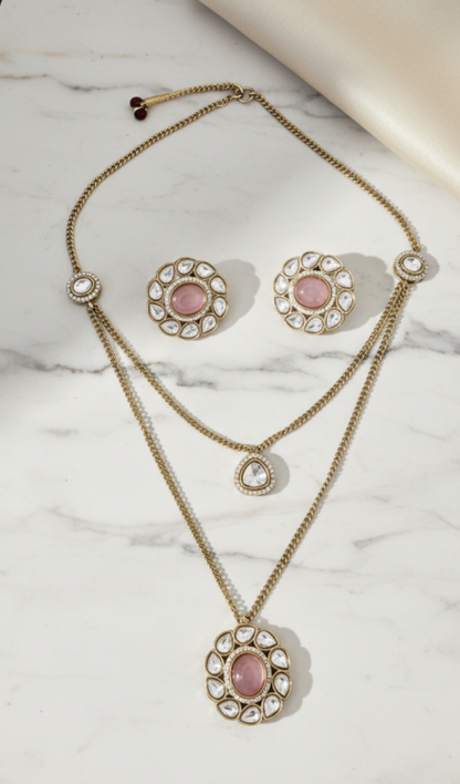 Pink Polki Pendant Set