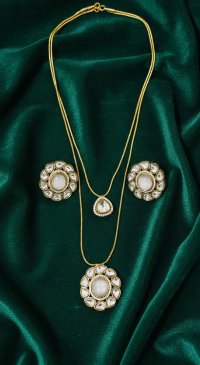 Polki Pendant Chain Layered Set with Earrings