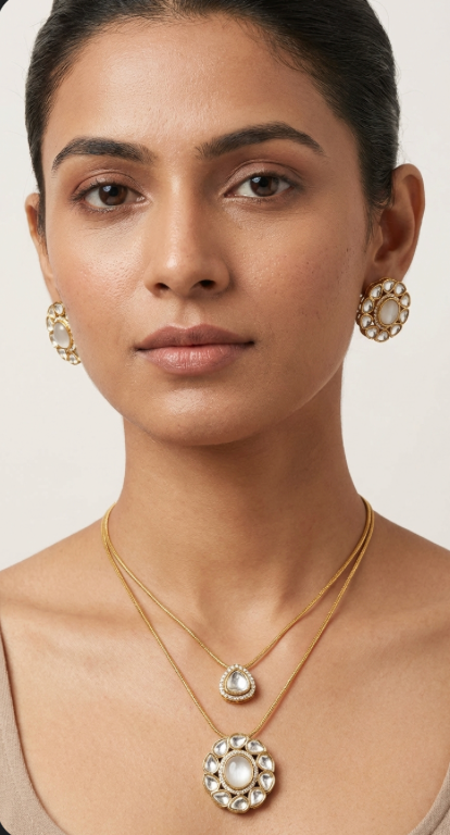 Polki Pendant Chain Layered Set with Earrings