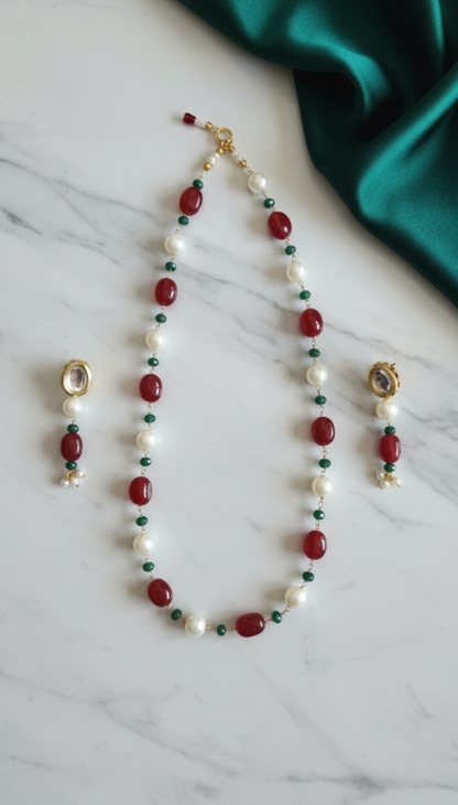 Ruby Pearl Mala set with Earrings