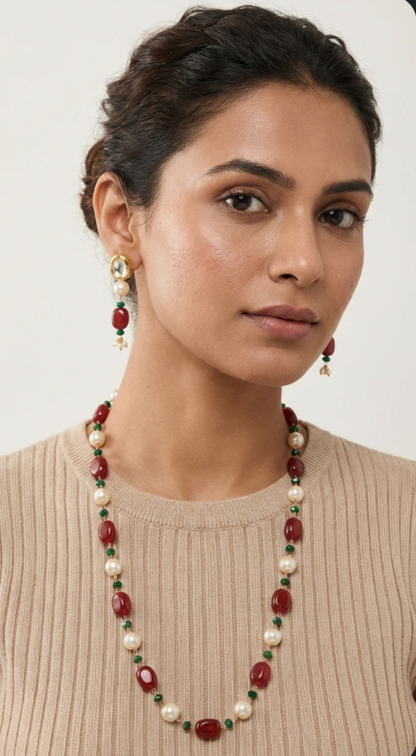 Ruby Pearl Mala set with Earrings