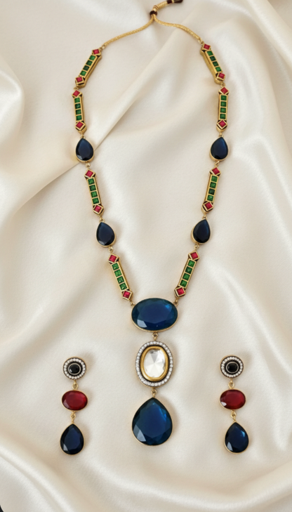 Blue Jadau Meena Beaded necklace with earrings