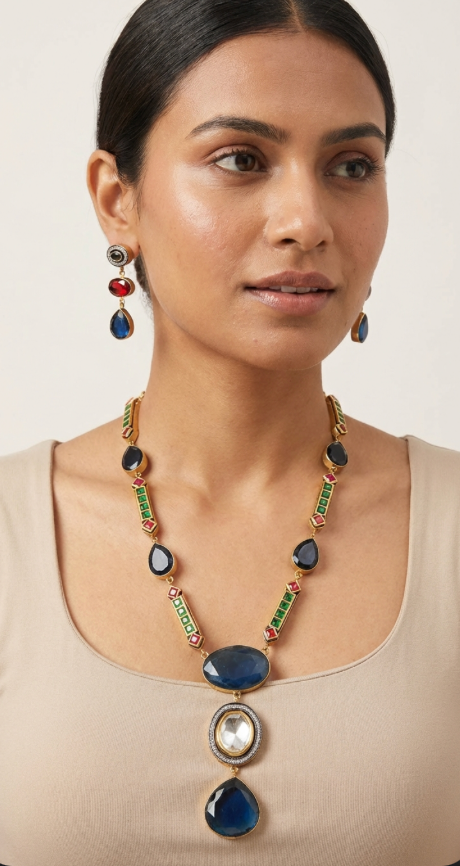 Blue Jadau Meena Beaded necklace with earrings