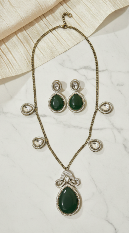 Green Polki Chain Set with earrings