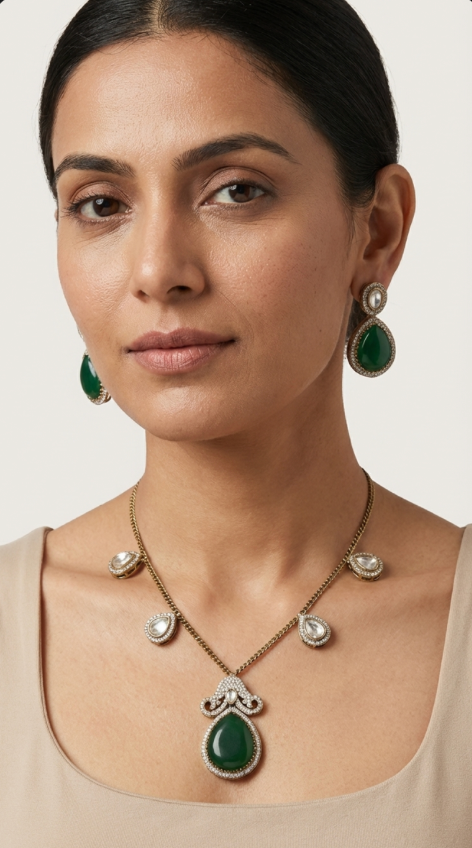 Green Polki Chain Set with earrings